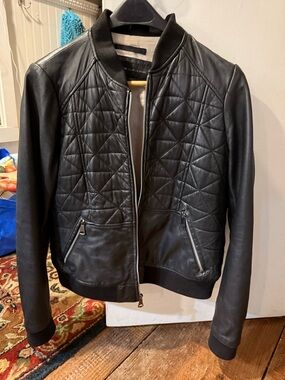 Andrew Marc Black Quilted Leather Bomber Jacket